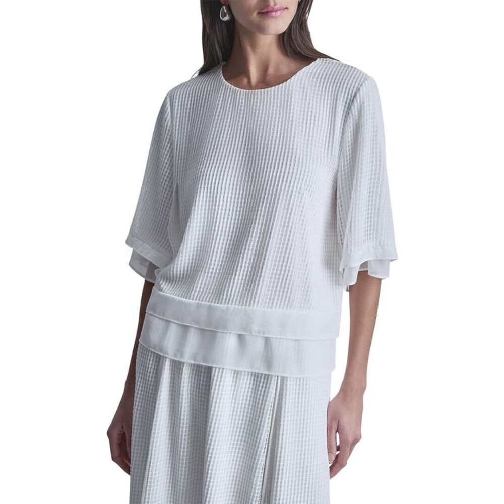 Dkny Womens  3/4 Drop-Shoulder Layered Windowpane Top, White